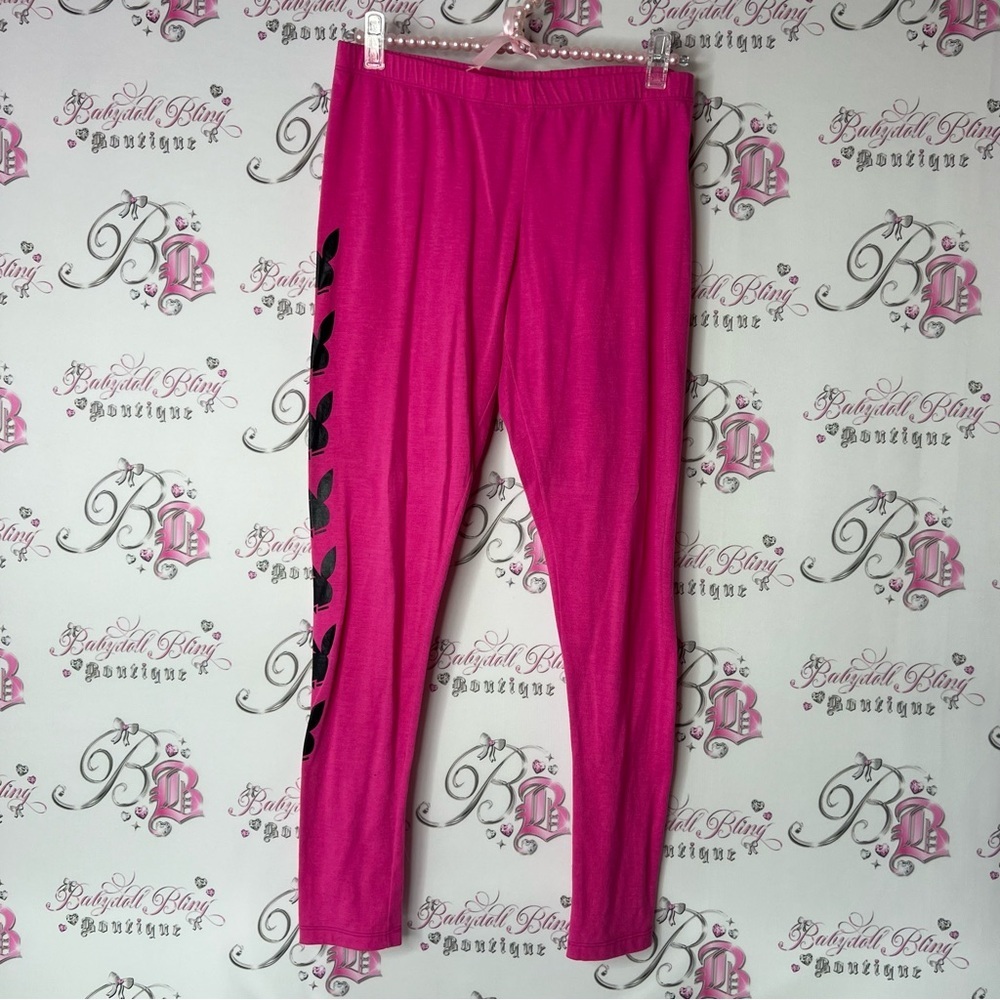 PLAYBOY logo on side playboy bunny rabbit head Pink Black Leggings